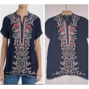 Johnny Was Raina Embroidered Pintuck Women's Blue Floral Blouse Size S Tunic Top